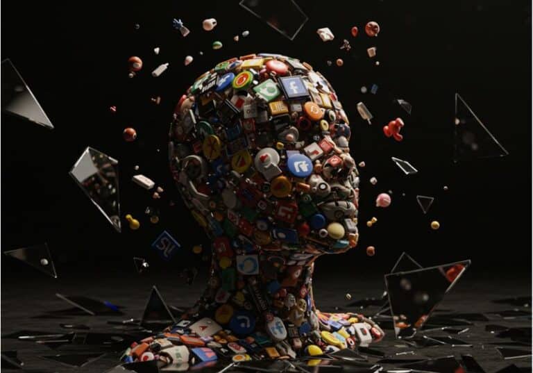 A imagem retrata uma cabeça humana composta inteiramente por ícones de redes sociais, aplicativos, símbolos da cultura digital e objetos diversos. Fragmentos e peças estão se desprendendo da cabeça, como se ela estivesse em processo de desintegração ou colapso. Ao redor, pedaços de espelhos quebrados flutuam, refletindo a fragmentação da identidade. O fundo escuro acentua o contraste, transmitindo uma sensação de vazio, solidão e crise existencial. A imagem simboliza o excesso de informações, a hiperidentificação e a perda do eu autêntico na sociedade contemporânea.