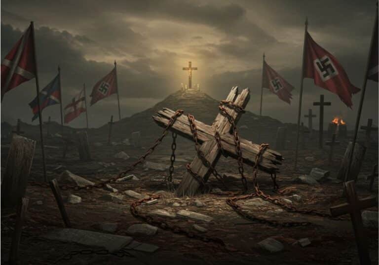 A imagem mostra um cenário sombrio e desolado, com um céu nublado e atmosfera pesada. No centro, há uma cruz de madeira quebrada, caída e amarrada com correntes enferrujadas, simbolizando opressão, prisão e decadência. Ao fundo, no topo de uma colina, destaca-se uma cruz iluminada por uma luz suave, sugerindo esperança, resistência ou redenção em meio ao caos. Espalhadas pelo cenário estão várias bandeiras com símbolos do nazismo, do colonialismo e de outros movimentos opressores. Cruzes simples estão fincadas no chão, representando sofrimento, morte e a história manchada de sangue. O contraste entre a cruz acorrentada no primeiro plano e a cruz iluminada ao fundo transmite uma poderosa crítica à aliança histórica da religião institucionalizada com sistemas de opressão, enquanto sugere que a verdadeira fé sobrevive além dessas estruturas corrompidas.