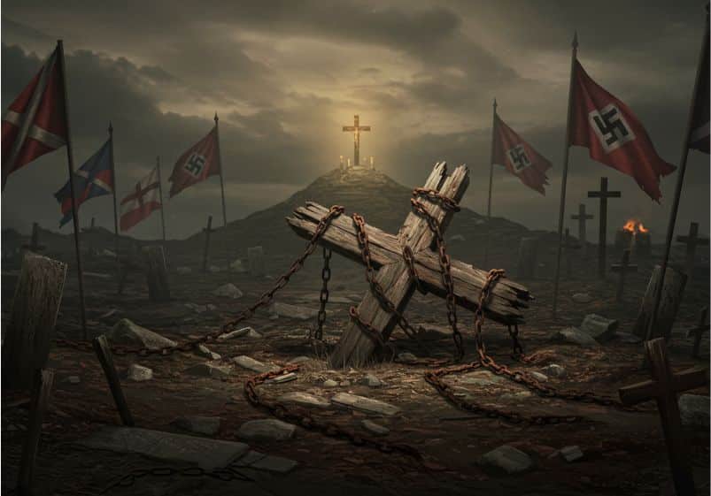 A imagem mostra um cenário sombrio e desolado, com um céu nublado e atmosfera pesada. No centro, há uma cruz de madeira quebrada, caída e amarrada com correntes enferrujadas, simbolizando opressão, prisão e decadência. Ao fundo, no topo de uma colina, destaca-se uma cruz iluminada por uma luz suave, sugerindo esperança, resistência ou redenção em meio ao caos. Espalhadas pelo cenário estão várias bandeiras com símbolos do nazismo, do colonialismo e de outros movimentos opressores. Cruzes simples estão fincadas no chão, representando sofrimento, morte e a história manchada de sangue. O contraste entre a cruz acorrentada no primeiro plano e a cruz iluminada ao fundo transmite uma poderosa crítica à aliança histórica da religião institucionalizada com sistemas de opressão, enquanto sugere que a verdadeira fé sobrevive além dessas estruturas corrompidas.
