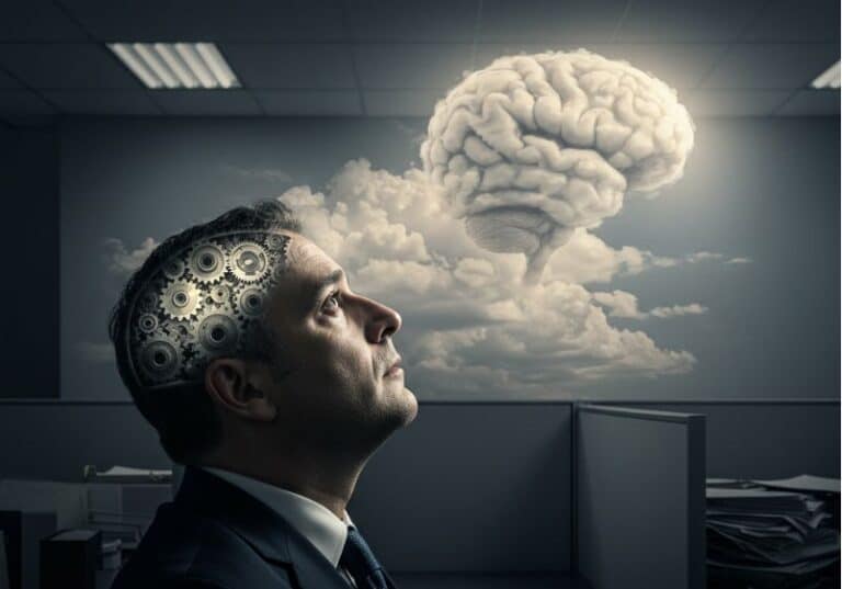 A imagem mostra um homem de terno em um ambiente de escritório, olhando pensativo para o céu. A lateral de sua cabeça está aberta, revelando engrenagens metálicas girando — simbolizando uma mente mecânica, presa à lógica do trabalho. No céu, entre nuvens, forma-se uma figura de cérebro feito de nuvem, iluminada, sugerindo consciência, pensamento livre e imaginação. A cena contrasta a mecanização do trabalhador com a possibilidade de reconexão com sua humanidade pensante.