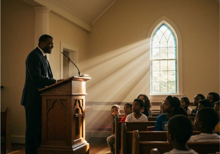 A imagem mostra um pastor negro pregando com seriedade em uma igreja simples, de arquitetura tradicional. Ele está de pé atrás de um púlpito de madeira, com um microfone, enquanto a congregação — composta principalmente por crianças e adolescentes negros — ouve atentamente. Um feixe suave de luz solar atravessa uma janela em estilo gótico, iluminando o ambiente com uma atmosfera de paz, reverência e esperança. A cena transmite acolhimento, resistência e a importância da representatividade no espaço religioso.