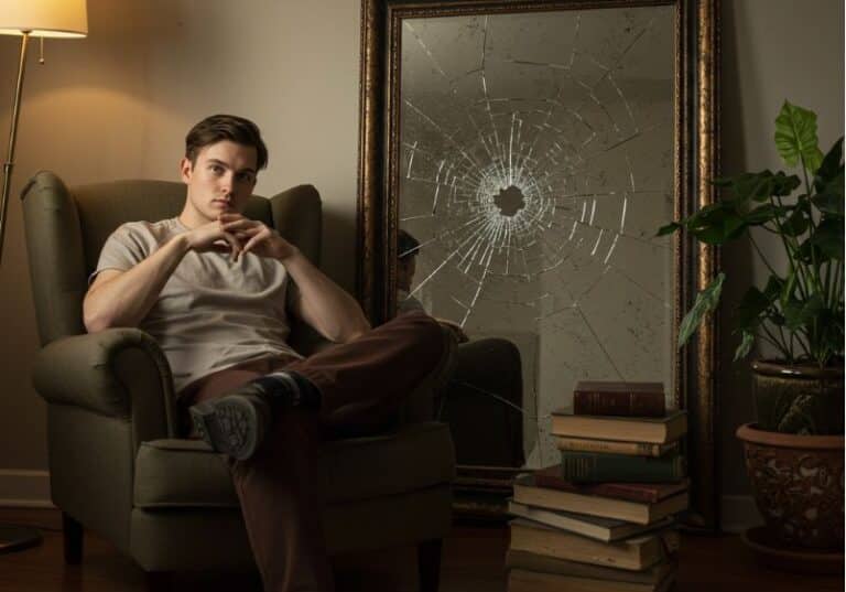 A imagem mostra um homem jovem sentado em uma poltrona verde-oliva, com expressão séria e postura introspectiva, em um ambiente acolhedor iluminado por uma luminária de chão. Atrás dele há um grande espelho com um impacto no centro, gerando rachaduras que se espalham em forma circular, simbolizando fragmentação ou crise interior. Ao lado do espelho há uma planta em vaso e, ao pé da poltrona, uma pilha de livros — incluindo volumes antigos que remetem à filosofia e à teologia. A composição visual sugere um momento de reflexão profunda, autoconhecimento e busca por sentido.