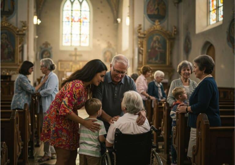 A imagem mostra o interior de uma igreja com vitrais coloridos e decoração tradicional. Fiéis de diferentes idades interagem de forma afetuosa e acolhedora. Em destaque, um homem idoso, uma mulher jovem e uma criança estão reunidos ao redor de uma senhora em cadeira de rodas, demonstrando carinho e atenção. Ao fundo, outras pessoas também conversam e se cumprimentam cordialmente nos bancos da igreja, transmitindo um ambiente de amor, inclusão, comunhão e cuidado mútuo. A cena representa bem a mensagem cristã de acolhimento contínuo dentro da comunidade de fé.
