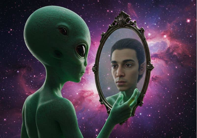 A imagem mostra um alienígena de pele verde, cabeça grande e olhos negros característicos, segurando um espelho ornamentado no espaço sideral. No reflexo do espelho, em vez da figura do próprio alien, aparece o rosto de um jovem humano, com expressão pensativa e olhar introspectivo. Ao fundo, o cenário cósmico é preenchido por nebulosas em tons de roxo e rosa, criando uma atmosfera surreal. A composição visual sugere uma reflexão existencial: o "outro" alienígena é, no fundo, uma versão de nós mesmos.