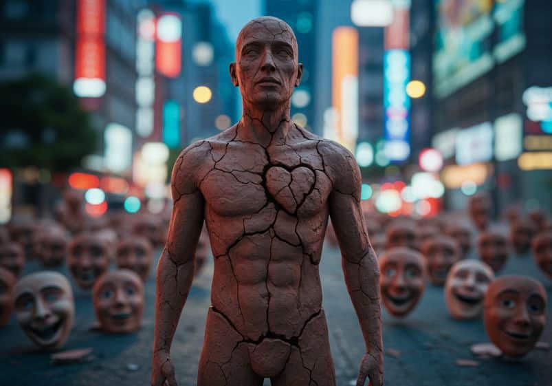 A imagem mostra uma figura humana feita de barro rachado, com destaque para um coração trincado exposto no peito. A figura está em pé no centro de uma rua urbana moderna, com luzes de neon ao fundo, evocando uma cidade movimentada à noite. Ao redor, há dezenas de rostos sorridentes espalhados pelo chão, como máscaras caídas, todas com expressões forçadas e artificiais. O contraste entre o homem de barro — frágil, verdadeiro e vulnerável — e os rostos falsos ao redor sugere uma crítica à superficialidade das relações humanas e à hipocrisia do amor proclamado mas não vivido.