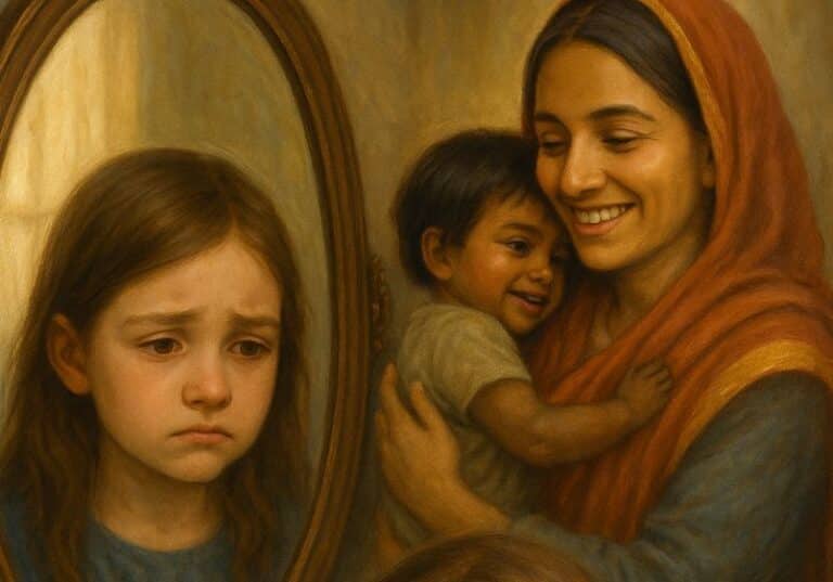 Um retrato a óleo mostra uma mulher amorosa, que parece indiana, abraçando seu um menimo mais novo, enquanto uma menina, refletida em um espelho oval, tem expressão triste. A composição centraliza o espelho, criando uma interação emocional entre as figuras. A mulher e o menino expressam felicidade, contrastando com a preocupação da menina. A técnica realista usa cores terrosas e tons quentes, pinceladas delicadas e iluminação suave, transmitindo um ambiente íntimo, aconchegante e cheio de ternura familiar.