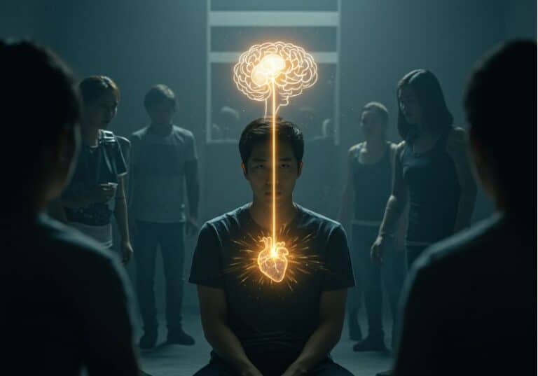 A imagem mostra um jovem sentado em silêncio, em um ambiente escuro com outras pessoas ao fundo, que parecem estar conversando ou se movimentando. Sobre seu corpo, há uma ilustração brilhante de um coração conectado a um cérebro por um fio de luz dourado, simbolizando a conexão profunda entre emoção e pensamento. A expressão do jovem é serena e introspectiva, destacando-se do entorno. A imagem transmite a ideia de identidade, interioridade e a importância da escuta em meio ao ruído do mundo.