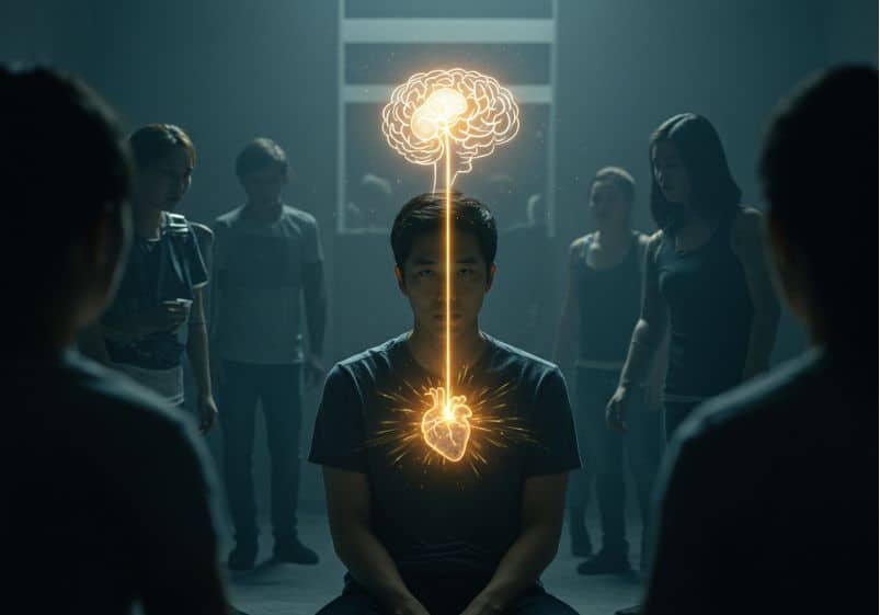 A imagem mostra um jovem sentado em silêncio, em um ambiente escuro com outras pessoas ao fundo, que parecem estar conversando ou se movimentando. Sobre seu corpo, há uma ilustração brilhante de um coração conectado a um cérebro por um fio de luz dourado, simbolizando a conexão profunda entre emoção e pensamento. A expressão do jovem é serena e introspectiva, destacando-se do entorno. A imagem transmite a ideia de identidade, interioridade e a importância da escuta em meio ao ruído do mundo.
