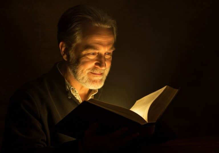 A imagem mostra um homem de meia-idade com barba grisalha, sorrindo suavemente enquanto lê uma Bíblia. Ele está iluminado por uma luz quente e suave que parece emanar do próprio livro, criando um efeito dramático típico do estilo de Rembrandt. O fundo é escuro, o que destaca ainda mais o rosto sereno do homem e as páginas abertas. A atmosfera transmite contemplação, reverência e paz espiritual, como se a Palavra estivesse iluminando não apenas o ambiente, mas também sua alma.