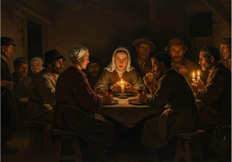 A imagem retrata um grupo de homens e mulheres simples, reunidos ao redor de uma mesa modesta em um ambiente rústico, iluminado apenas pela luz suave de velas. O estilo visual remete diretamente ao mestre barroco Rembrandt, com uso intenso de sombras dramáticas e iluminação focada nos rostos e nas mãos, criando uma atmosfera de reverência e intimidade. Ao centro da cena, uma mulher segura uma vela com as duas mãos, iluminando seu rosto sereno e concentrado. Diante dela estão copos com vinho e pedaços de pão, que também estão diante dos demais à mesa. As expressões são suaves, contemplativas, e revelam um momento de comunhão profunda. À direita, um homem parte o pão com as mãos enquanto outros observam com atenção ou seguram velas. Ao fundo, outras figuras assistem em silêncio, compondo a cena com um ar de solenidade. Essa imagem evoca fortemente a Ceia do Senhor, não em um templo ou palácio, mas em sua forma mais essencial: pessoas comuns reunidas, compartilhando graça e luz.
