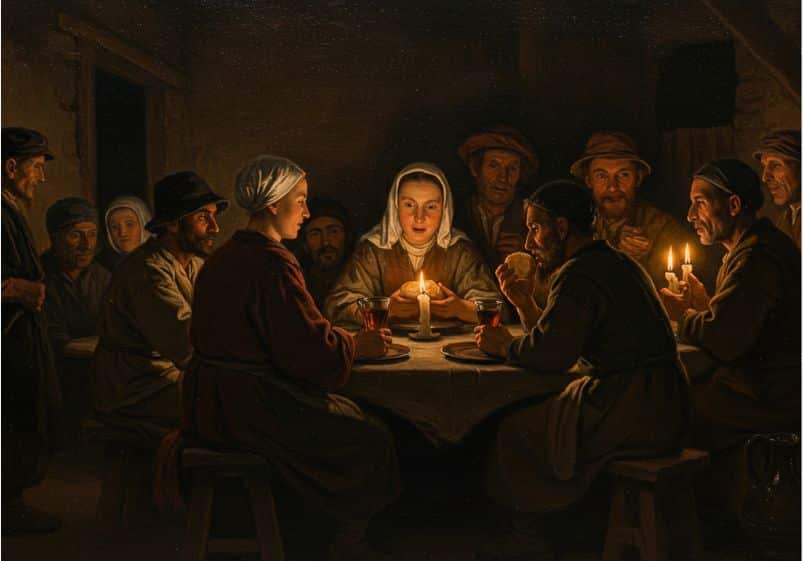 A imagem retrata um grupo de homens e mulheres simples, reunidos ao redor de uma mesa modesta em um ambiente rústico, iluminado apenas pela luz suave de velas. O estilo visual remete diretamente ao mestre barroco Rembrandt, com uso intenso de sombras dramáticas e iluminação focada nos rostos e nas mãos, criando uma atmosfera de reverência e intimidade. Ao centro da cena, uma mulher segura uma vela com as duas mãos, iluminando seu rosto sereno e concentrado. Diante dela estão copos com vinho e pedaços de pão, que também estão diante dos demais à mesa. As expressões são suaves, contemplativas, e revelam um momento de comunhão profunda. À direita, um homem parte o pão com as mãos enquanto outros observam com atenção ou seguram velas. Ao fundo, outras figuras assistem em silêncio, compondo a cena com um ar de solenidade. Essa imagem evoca fortemente a Ceia do Senhor, não em um templo ou palácio, mas em sua forma mais essencial: pessoas comuns reunidas, compartilhando graça e luz.