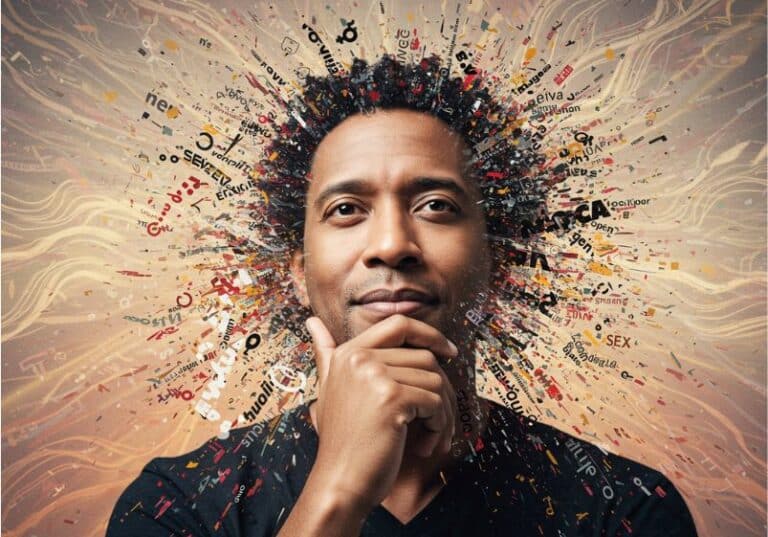 A imagem mostra um homem negro de expressão serena e pensativa, com a mão no queixo em gesto de reflexão. Ao seu redor, especialmente saindo de sua cabeça como uma espécie de explosão criativa ou mental, há um turbilhão de palavras, letras e símbolos coloridos, como se representassem ruídos ou conversas caóticas. Palavras como “sexo”, “gênero”, “fé” e outras aparecem dispersas, sugerindo temas sensíveis e conflituosos. O fundo tem tons suaves e serenos, criando um contraste com a agitação textual em torno da cabeça do homem, simbolizando o esforço de manter a calma e o discernimento diante de debates intensos.