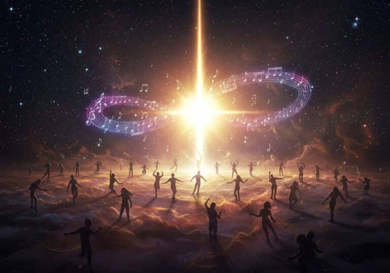 A imagem retrata uma cena cósmica e profundamente simbólica. No centro, uma luz radiante e vertical irrompe como uma manifestação divina, representando Deus em forma de pura luz. Ao redor dessa luz central, uma pauta musical em forma de infinito flutua, com notas musicais brilhantes se espalhando pelo espaço estrelado, sugerindo harmonia eterna e transcendência. No chão nebuloso, dezenas de silhuetas humanas dançam com os braços erguidos, em total liberdade e sintonia com a música cósmica. Cada figura parece conectada ao universo, à luz e à própria existência, compondo uma coreografia espiritual. A imagem evoca uma visão teológica e filosófica da dança como expressão de fé, pensamento e comunhão com o divino, numa estética que une o poético ao sagrado.