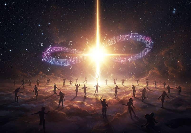 A imagem retrata uma cena cósmica e profundamente simbólica. No centro, uma luz radiante e vertical irrompe como uma manifestação divina, representando Deus em forma de pura luz. Ao redor dessa luz central, uma pauta musical em forma de infinito flutua, com notas musicais brilhantes se espalhando pelo espaço estrelado, sugerindo harmonia eterna e transcendência. No chão nebuloso, dezenas de silhuetas humanas dançam com os braços erguidos, em total liberdade e sintonia com a música cósmica. Cada figura parece conectada ao universo, à luz e à própria existência, compondo uma coreografia espiritual. A imagem evoca uma visão teológica e filosófica da dança como expressão de fé, pensamento e comunhão com o divino, numa estética que une o poético ao sagrado.