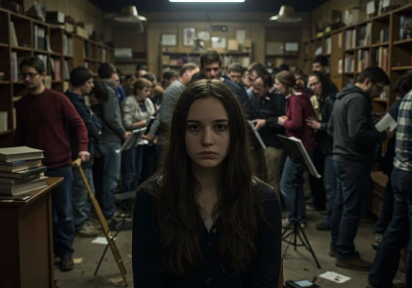 A imagem mostra uma jovem de expressão séria e olhar direto, sentada no centro de uma sala cheia de pessoas. Ela está isolada emocionalmente, apesar da proximidade física dos outros. Ao fundo, um grupo de adultos está aglomerado, conversando e interagindo entre si, aparentemente envolvidos em debates ou discussões. A cena se passa em um ambiente semelhante a uma biblioteca ou livraria, com prateleiras cheias de livros. A jovem contrasta com o tumulto ao redor: enquanto os outros parecem agitados, ela transmite introspecção e silêncio. A imagem evoca sentimentos de solidão no meio da multidão e destaca a dificuldade de conexão em meio a ruídos sociais.