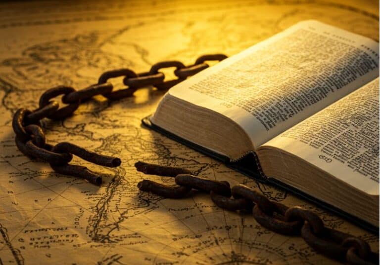 A imagem mostra uma Bíblia aberta sobre um mapa antigo, evocando a era do colonialismo. Ao redor da Bíblia, repousa uma corrente de ferro enferrujada, simbolizando a escravidão. A luz dourada que ilumina a cena vem da lateral superior direita, criando um contraste simbólico entre a opressão representada pela corrente e a liberdade e fé simbolizadas pela Bíblia. A composição sugere uma tensão entre o uso da religião para justificar a escravidão e seu poder libertador quando lida à luz do Evangelho. É uma imagem altamente simbólica e representativa de debates históricos, teológicos e éticos sobre o papel do cristianismo na escravidão.