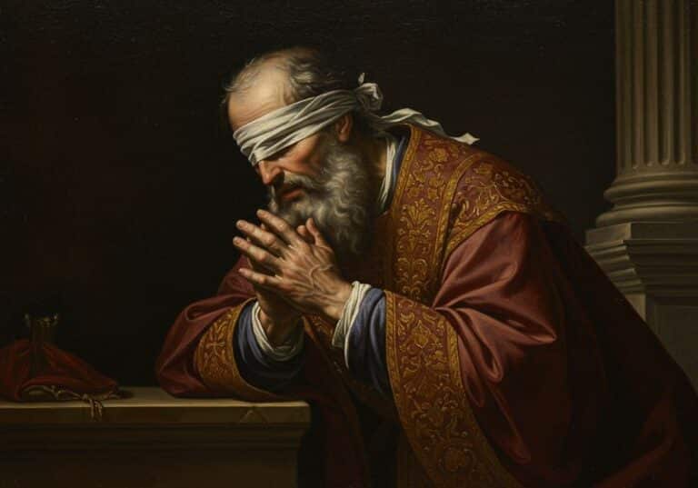 A imagem apresenta uma cena dramática e simbólica em estilo barroco, retratando um sacerdote do Antigo Testamento em profunda oração. Ele está com os olhos vendados, sugerindo cegueira ou exclusão ritual conforme os critérios de Levítico 21:16–23. Vestindo ricas vestes sacerdotais bordadas em dourado, ele se apoia sobre um altar com expressão de angústia e reverência, com as mãos unidas diante do rosto, em um gesto de súplica silenciosa. A iluminação segue o estilo chiaroscuro (luz e sombra acentuadas), criando uma atmosfera intensa, íntima e carregada de emoção. Ao fundo, uma coluna clássica e um pano vermelho dobrado sobre o altar sugerem a sacralidade do local e o contexto litúrgico-templário. O contraste entre a luz sobre o rosto e as mãos do sacerdote e a escuridão ao redor reforça a tensão entre exclusão e presença divina. A imagem evoca fortemente os temas da dignidade mesmo na limitação, da exclusão ritual por deficiência e da espiritualidade autêntica que transcende a estética da perfeição — tudo profundamente ligado à mensagem de Levítico reinterpretada à luz do Novo Testamento.