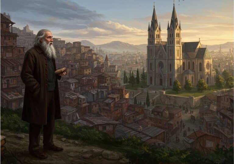 Ilustração realista de um homem idoso com barba grisalha observando, com um livro nas mãos, uma cidade medieval com casas humildes e uma catedral imponente ao fundo, ao pôr do sol.