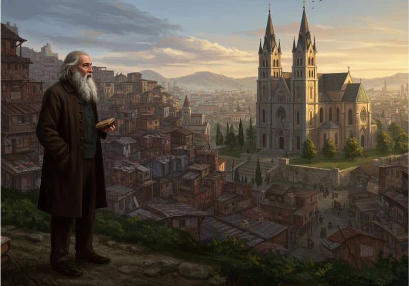 Ilustração realista de um homem idoso com barba grisalha observando, com um livro nas mãos, uma cidade medieval com casas humildes e uma catedral imponente ao fundo, ao pôr do sol.