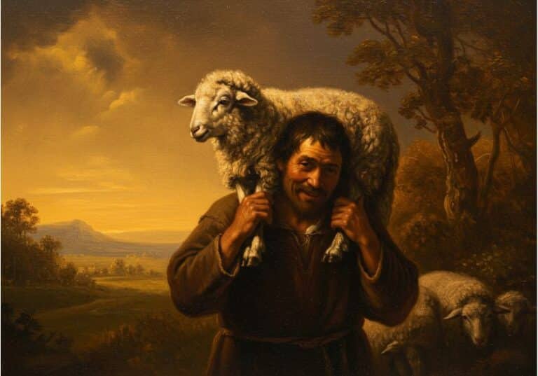 Uma pintura a óleo mostra um pastor sereno carregando um cordeiro nos ombros, em cenário campestre ao crepúsculo, com luz dourada e cores terrosas que realçam tranquilidade e cuidado.