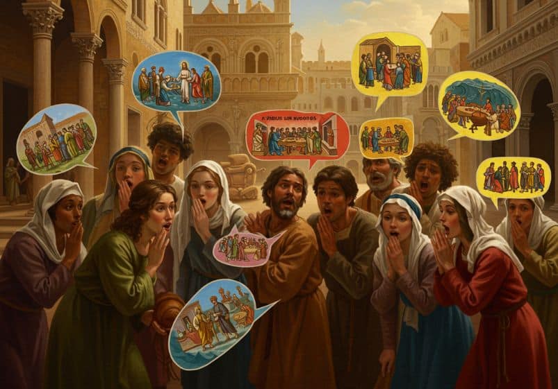 A imagem mostra um grupo de pessoas vestidas com trajes da antiguidade, reunidas em uma praça de aparência medieval ou bíblica, em uma animada roda de cochichos. Todos estão com expressões de surpresa e entusiasmo, com as mãos próximas à boca, como quem compartilha um segredo. Ao redor deles, vários balões de fala coloridos flutuam, cada um contendo cenas ilustradas da vida de Jesus e da igreja primitiva: Jesus curando, a Última Ceia, discípulos pregando, milagres, batismos, partilha de pão, e reuniões da comunidade cristã. As ilustrações lembram ícones ou arte sacra medieval estilizada. A cena retrata com leveza e criatividade a ideia da “fofoca santa” — a propagação do Evangelho como uma boa notícia que vale a pena ser espalhada de boca em boca.