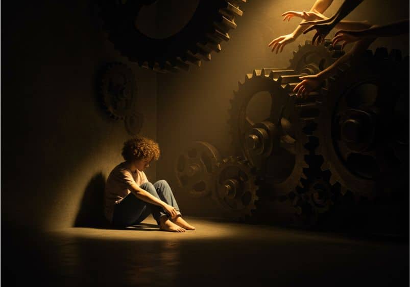 Uma pessoa jovem sentada sozinha em um ambiente escuro, cercada por grandes engrenagens metálicas e mãos estendidas, transmite solidão, rigidez e opressão.