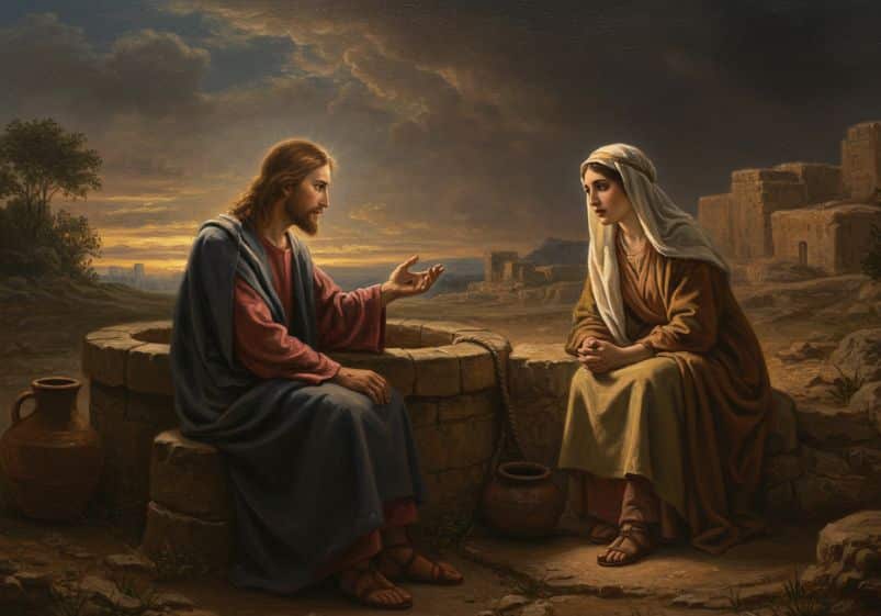 Jesus está sentado à beira de um poço de pedra, ao ar livre, em um ambiente desértico e antigo. Ele está voltado para a direita da imagem, com o corpo inclinado levemente para frente, fazendo um gesto com a mão direita, como se estivesse explicando algo com calma e autoridade. Veste uma túnica vermelha e um manto azul escuro, com sandálias nos pés. Seu cabelo é castanho claro, longo e ondulado, e sua pele é clara. Diante dele, também sentada à beira do poço, está uma mulher com as mãos unidas sobre os joelhos, em atitude de escuta atenta. Ela usa um vestido marrom com um véu branco cobrindo os cabelos e parte dos ombros. Seus olhos estão bem abertos e fixos em Jesus, demonstrando atenção e surpresa. Ao redor, o cenário é árido, com pedras, vasos de barro e construções antigas ao fundo. O céu está em tons escuros com luz dourada do entardecer iluminando suavemente os dois personagens, realçando o clima solene e espiritual do encontro.