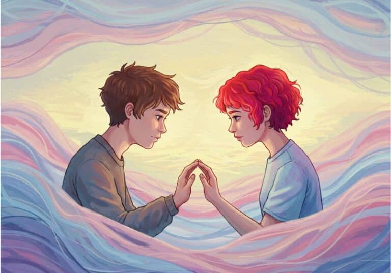 A imagem retrata dois jovens em uma cena delicada e emocionalmente simbólica. Eles estão de frente um para o outro, com os rostos próximos e os olhos fixos, transmitindo serenidade, empatia e conexão profunda. Suas mãos quase se tocam no centro da composição, formando um gesto de sintonia silenciosa. Ao redor deles, ondas suaves em tons pastel — azul, rosa e lilás — criam um ambiente abstrato e acolhedor, como se estivessem envoltos em uma nuvem de sensibilidade mútua. A luz ao fundo é suave e dourada, sugerindo um espaço íntimo de compreensão e aceitação. A cena evoca a ideia de dois autistas se reconhecendo além das palavras — uma comunicação feita de silêncio, sensações e gestos sutis.