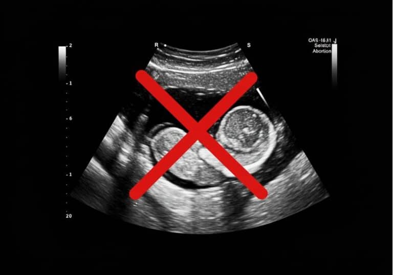 A imagem mostra uma ultrassonografia em tons de cinza de um feto em gestação, vista típica de exames pré-natais. Sobreposta à imagem está um grande “X” vermelho, em traços grossos e chamativos, sugerindo a ideia de cancelamento ou rejeição. No canto superior direito, há o texto “Solottot Abortion”, reforçando a associação com a temática do aborto seletivo. O contraste entre a delicadeza da imagem fetal e a marca vermelha cria uma forte carga simbólica, crítica e provocativa, remetendo à discussão sobre eugenia e decisões reprodutivas baseadas em diagnósticos genéticos.