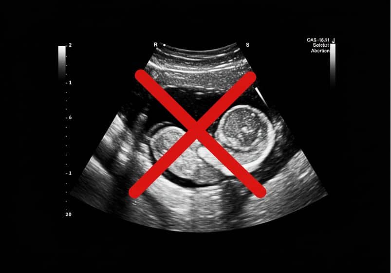 A imagem mostra uma ultrassonografia em tons de cinza de um feto em gestação, vista típica de exames pré-natais. Sobreposta à imagem está um grande “X” vermelho, em traços grossos e chamativos, sugerindo a ideia de cancelamento ou rejeição. No canto superior direito, há o texto “Solottot Abortion”, reforçando a associação com a temática do aborto seletivo. O contraste entre a delicadeza da imagem fetal e a marca vermelha cria uma forte carga simbólica, crítica e provocativa, remetendo à discussão sobre eugenia e decisões reprodutivas baseadas em diagnósticos genéticos.