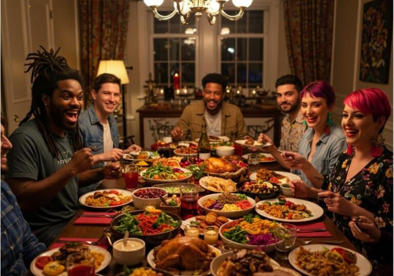 A imagem mostra um grupo diverso de pessoas reunidas em torno de uma mesa farta e colorida, cheia de pratos variados, saladas, carnes e bebidas. Todos estão sorrindo, em um clima de alegria e comunhão. O ambiente é acolhedor, com iluminação quente e decoração aconchegante, sugerindo um jantar festivo e familiar. As pessoas demonstram conexão e amizade, celebrando juntas em harmonia, independentemente de suas diferenças visíveis.