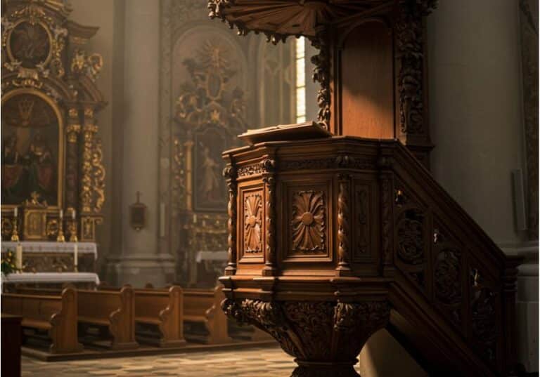 Imagem focada em púlpito de madeira escura esculpida em igreja, com iluminação natural suave que realça detalhes e textura. Fundo desfocado, tom quente, atmosfera serena e contemplativa.