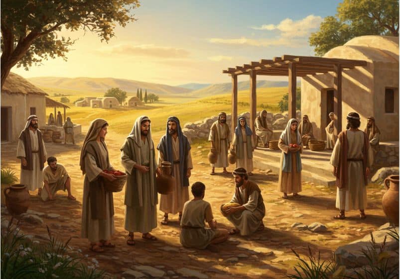 A imagem retrata uma cena de comunidade na época bíblica, ambientada em um vilarejo ao ar livre, sob a luz suave do entardecer. Homens e mulheres, vestidos com túnicas simples típicas do Oriente Médio antigo, estão reunidos em um espaço aberto entre casas de pedra e palha. Alguns carregam jarros e cestos, outros distribuem alimentos e água a pessoas sentadas no chão, representando cuidado e generosidade. Ao fundo, colinas suaves e campos dourados completam o cenário de paz e solidariedade. A cena transmite simplicidade, comunhão e serviço ao próximo, refletindo os valores do cristianismo primitivo.